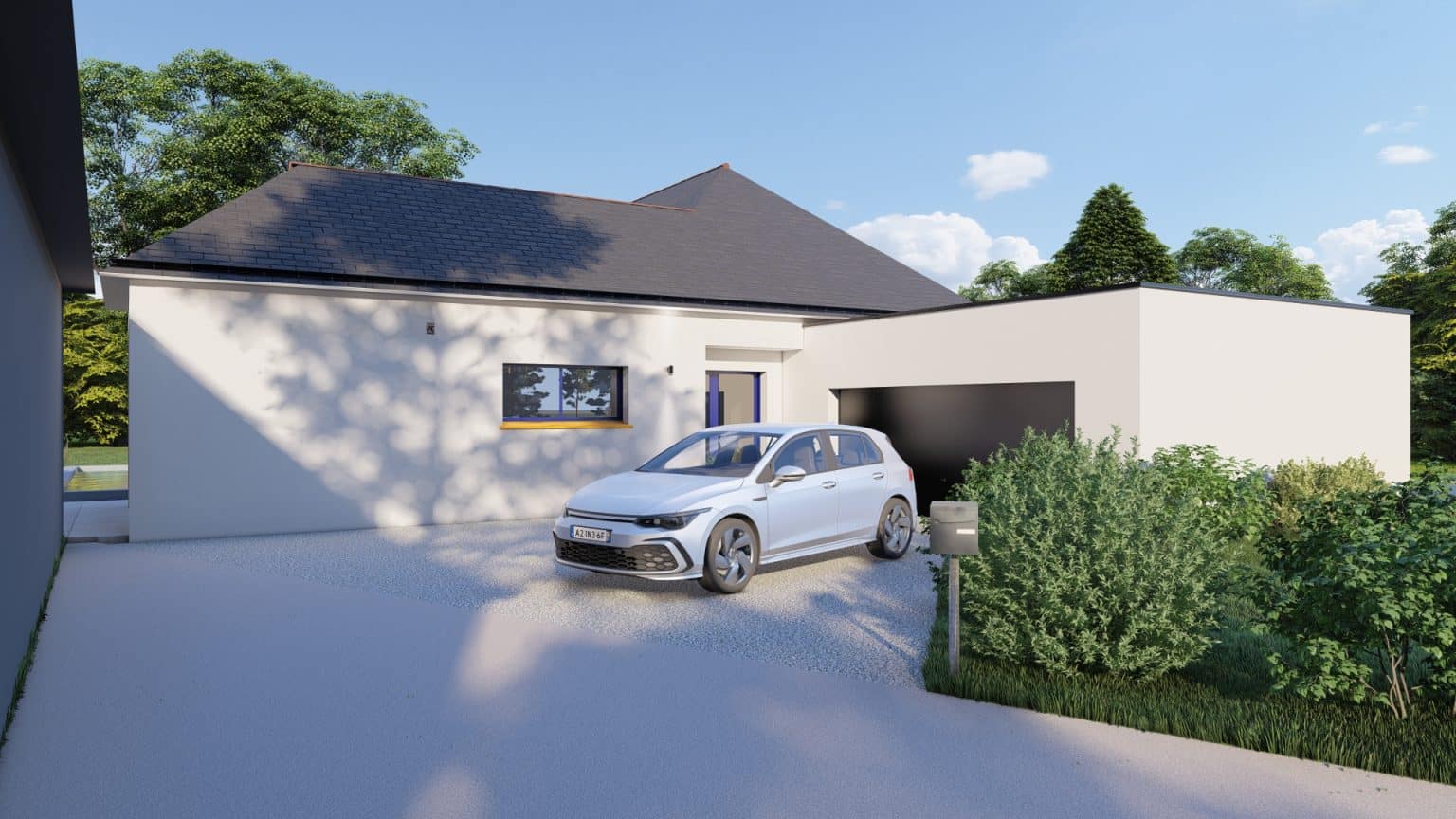 Entrée de la maison plain-pied contemporaine à Pontivy, avec une allée gravillonnée, espace de stationnement et garage attenant.